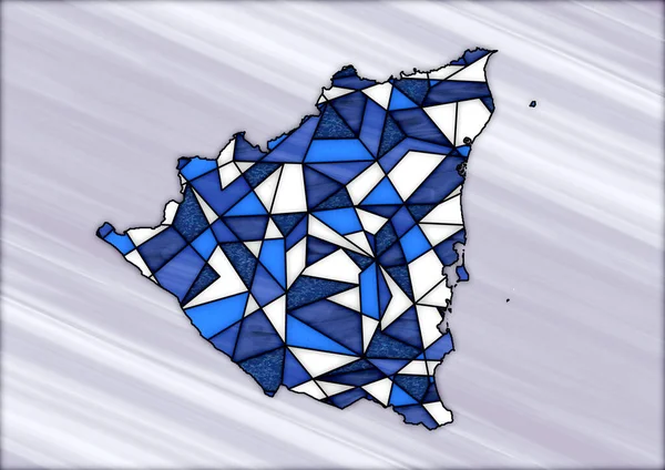 digital illustration with map of the country of Nicaragua in stained glass style, with blue and white colors