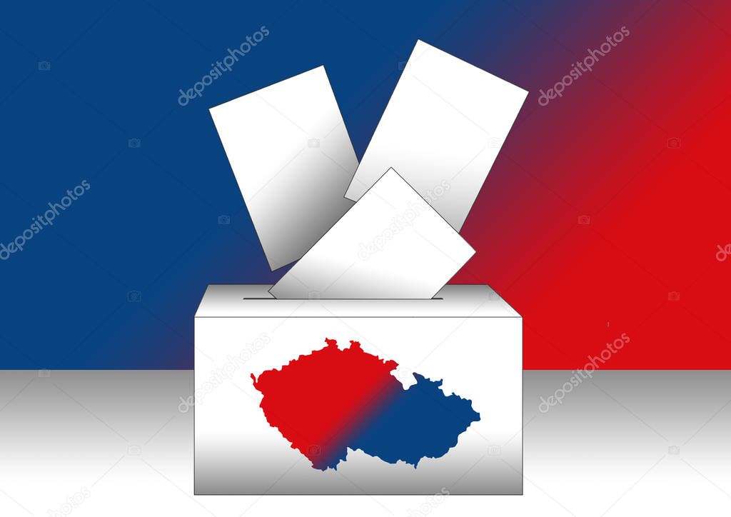 illustration of voting papers and a ballot box with the map of Czech Republic