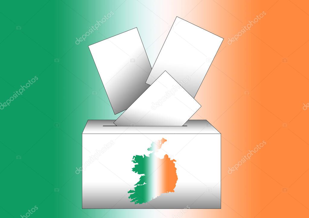 illustration of voting papers and a ballot box with the map of Ireland