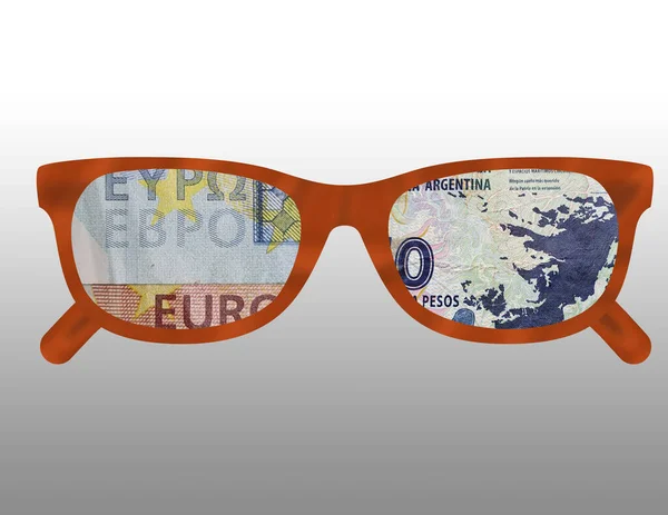 Ilustrace Obrysu Některých Brýlí Vyobrazením Evropských Argentinských Peněz Nich — Stock fotografie