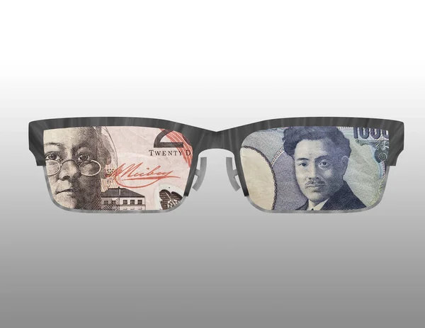 オーストラリア人と日本のお金をイメージしたメガネの輪郭のイラストです — ストック写真