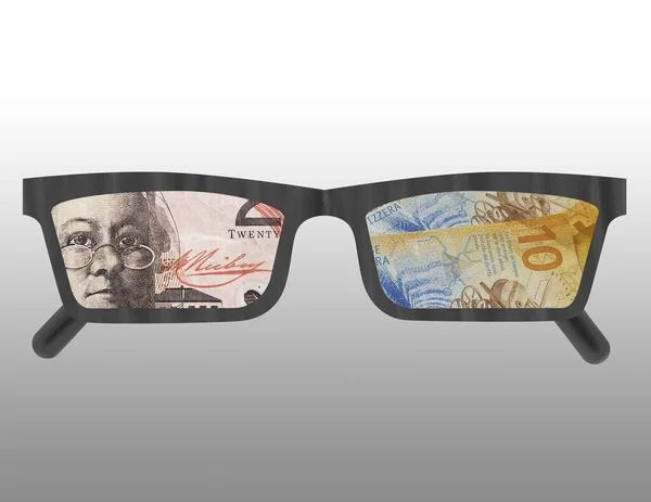 Ilustrace Obrysu Některých Brýlí Vyobrazením Australských Švýcarských Peněz Nich — Stock fotografie