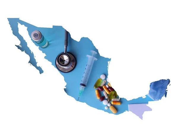 用保健物品和白色背景图绘制的墨西哥地图 — 图库照片