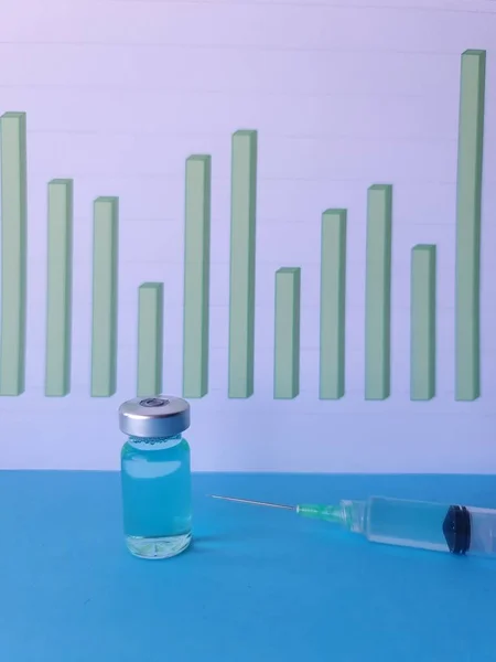 Bottiglia Medicinale Siringa Sul Tavolo Blu Sfondo Con Grafico Barre — Foto Stock