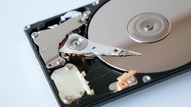 Insinyur sedang membongkar hard disk drive rusak untuk pemulihan data . — Stok Video