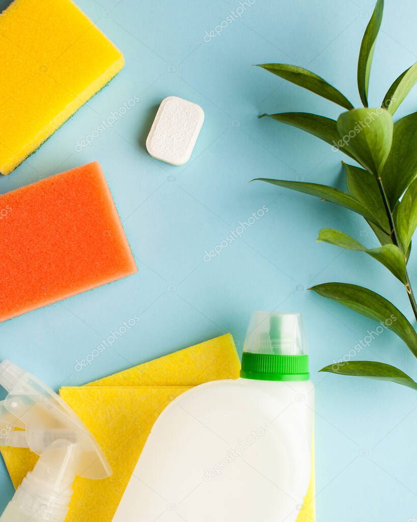 Cleaning products for cleaning, disinfection of the house. concept of cleaner, the cleaning company. Copy space. Flatlay