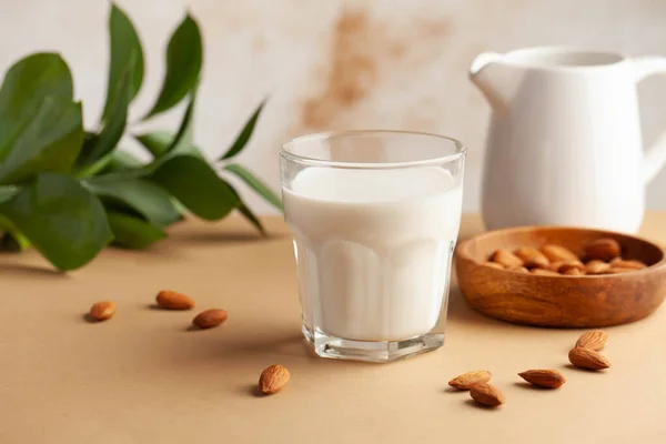 Bardakta sebze badem sütü, badem fıstığı, yeşil bitki. Süt ürünlerine alternatif. Uzayı kopyala Flatlay. Yüksek kalite fotoğraf