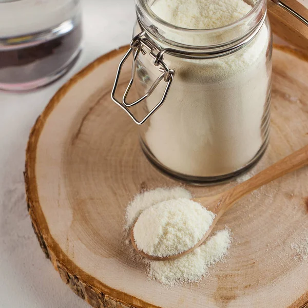 Colágeno Forma Polvo Blanco Frasco Vidrio Una Cuchara Madera Cuidado — Foto de Stock