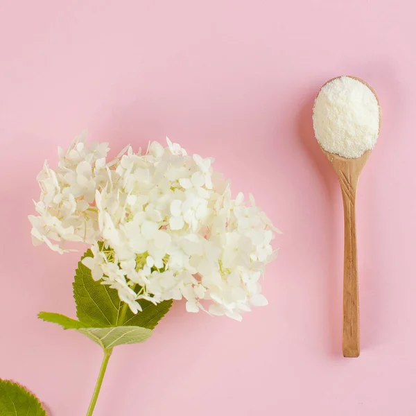 Polvere Collagene Bianco Cucchiaio Legno Sfondo Rosa Con Fiore Bianco — Foto Stock