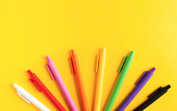 Multi Colored Pens Yellow Background Concept Beginning School Year Office — Stock Photo, Image