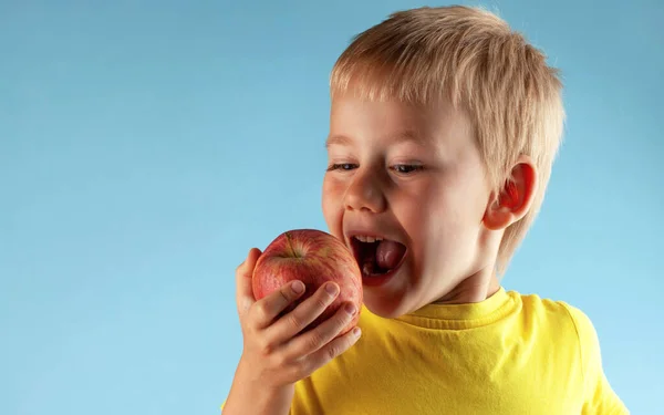 A pretty blond boy bites an Apple on a blue background. The concept of healthy eating. Copy space. High quality photo
