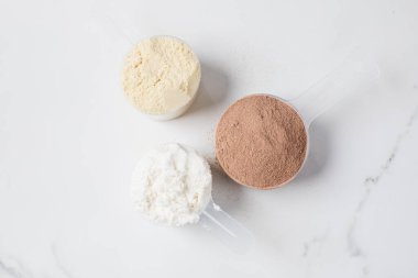 Zindelik ve beslenme için gri arka planda çeşitli protein tozları. Spor içeceği.. 