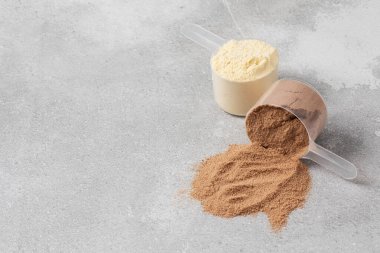 Zindelik ve beslenme için gri arka planda çeşitli protein tozları. Spor içeceği. Boşluğu kopyala