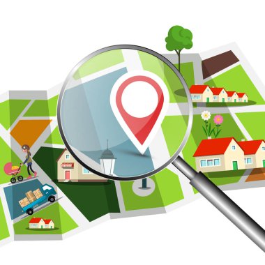 Magnifing cam üzerinde kırmızı iğne ile şehir haritası ve bina sokakları ile gezinti Kur. GPS tasarım vektör.