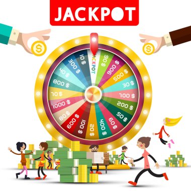 Altın servet tekerlek Jackpot başlık ve mutlu insanlar, para kazık ve dolar sikke ile el ile. Beyaz arka plan üzerinde izole sembolü kumar vektör.