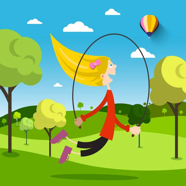 女孩在阳光明媚的日子在草地上跳绳 公园里的年轻女子 — 图库矢量图片