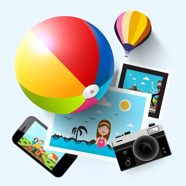 Yaz seyahat kavramı ile fotoğrafla, fotoğraf makinesi, cep telefonu, plaj topu ve sıcak hava balonu. Vektör.