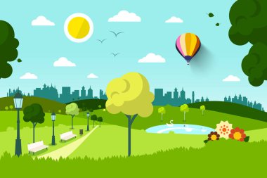 Çiçekler ve ağaçlar - vektör ile boş Şehir Parkı