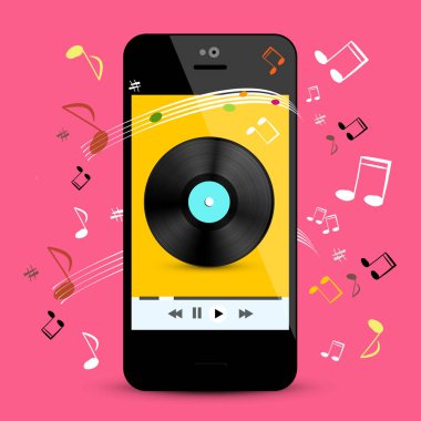 Lp disk ve pembe bir arka plan üzerine notlar sahip müzik çalar. Cep telefonu uygulama simge vektör Pop müzik çalma listesi.