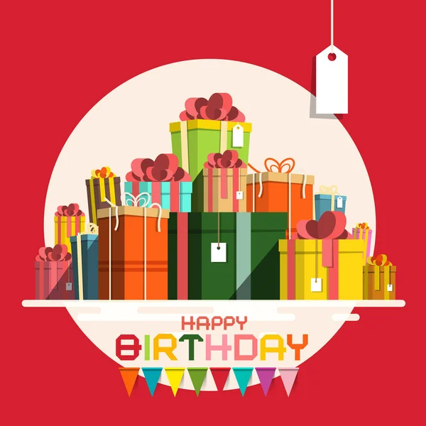 Happy Birthday Card Paper Gift Boxes Pile Vector Present Box — Stock Vector
