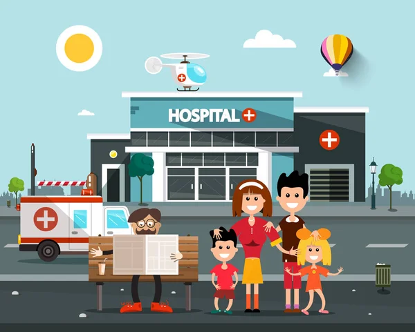 Happy Family Devant Bâtiment Hôpital Avec Vieil Homme Lisant Des — Image vectorielle