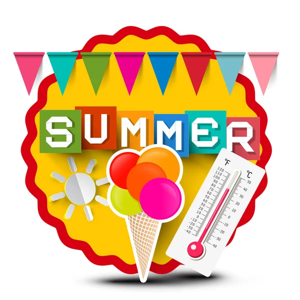 Летняя Этикетка Красочными Флагами Мороженым Термометром Бумагой — стоковый вектор