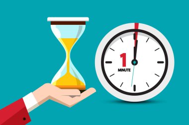 Mavi renkli kum saati zaman sembolü. Kum saati bir dakika vektör düz tasarım simgesi.