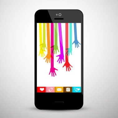Cep telefonu ekran renkli ellerinde. Sosyal Medya App vektör simgesi.