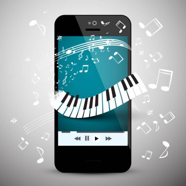 Müzik App üstünde hareket eden telefon ile klavye ve notlar