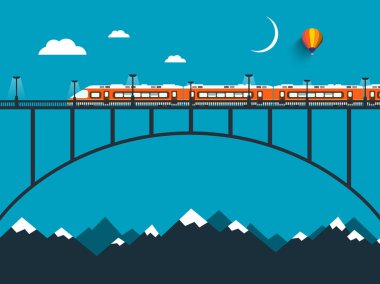 Köprüde dağlar vektör gece manzara düz tasarım sahne üzerinde tren