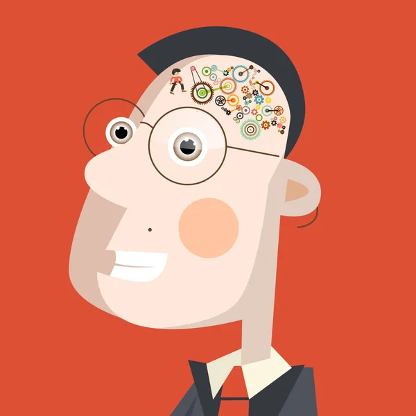 Smart Man Cogs Gears Brain Inglés Carácter Diseño Plano Vectorial — Archivo Imágenes Vectoriales