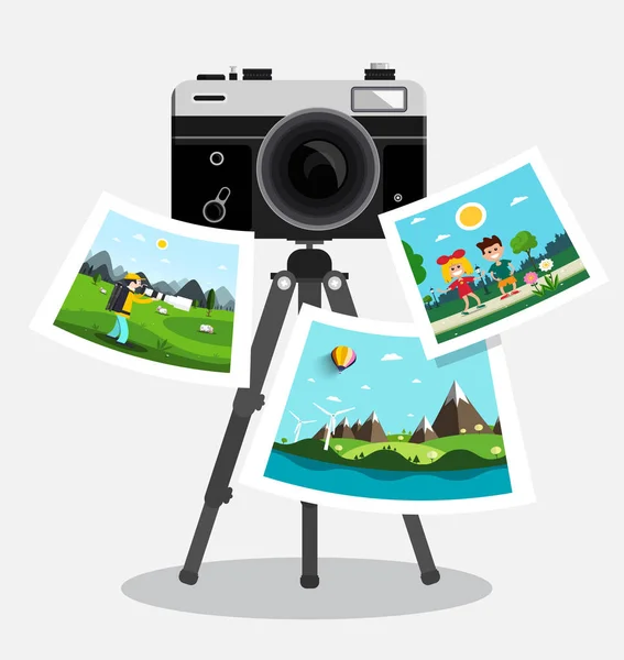 Retro Film Photo Camera Tripod Pictures Paper Vector Digital Photography — Stock Vector