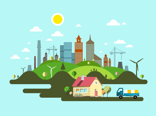 Flat Design Vector Island with Family House and City Skyline on Background