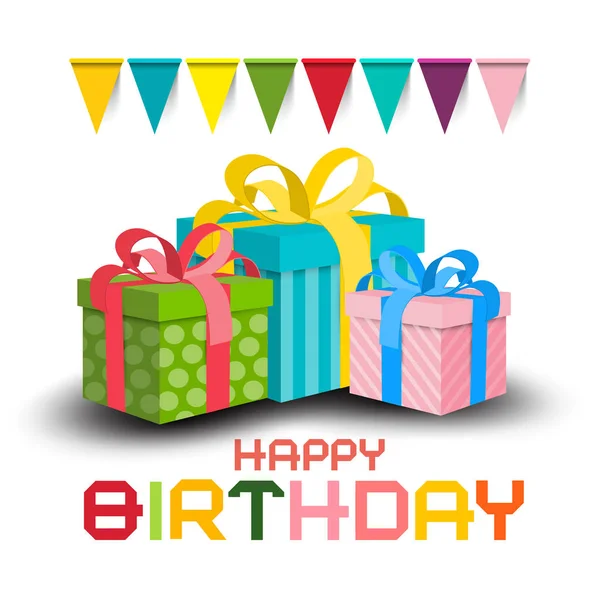 Gelukkige Verjaardag Uitnodiging Card Vector Kleurrijke Papier Geschenkdozen Met Vlaggen — Stockvector