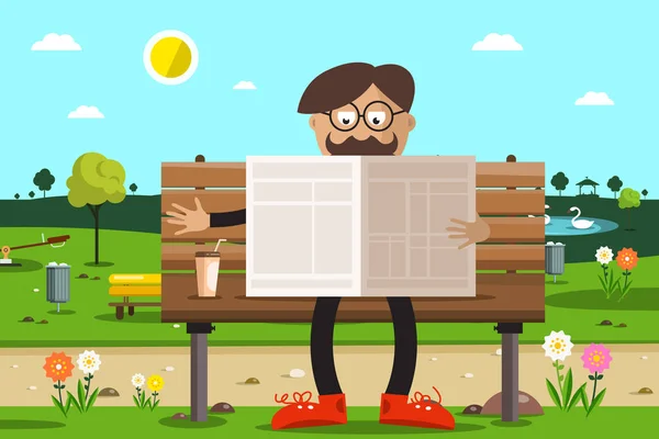 Hombre Banco Parque Leyendo Periódicos Con Café — Vector de stock