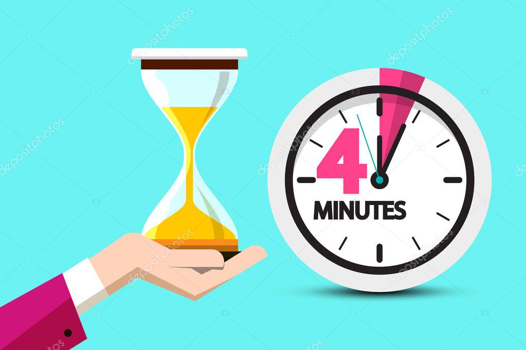 Four Minutes Clock Symbol. Vector 4 Minute Hourglass Icon in Human Hand.