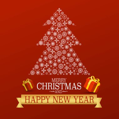 Kar taneleri ağaç kırmızı zemin üzerine Xmas Greetong kartı. Mutlu Noeller ve mutlu yeni yıl vektör tasarımı.