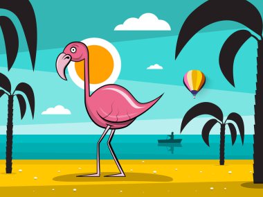Palm ağaçlar siluet ve günbatımı okyanus manzara ile tropikal adada Flamingo kuşu