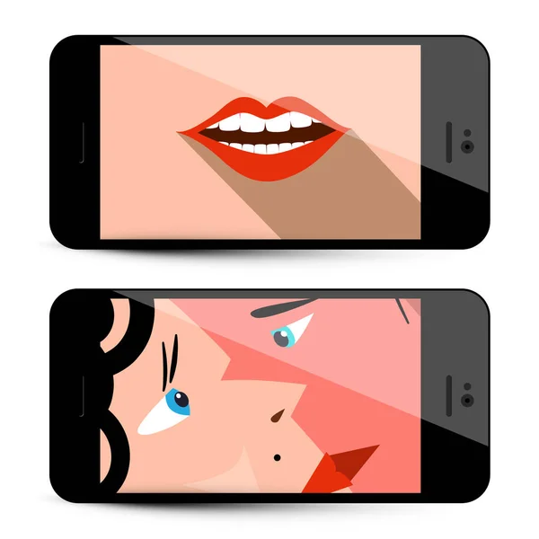 口キス カップルのフラットなデザイン イラスト 携帯電話のアイコンをベクトルします 愛の社会的なメディアの概念 — ストックベクタ
