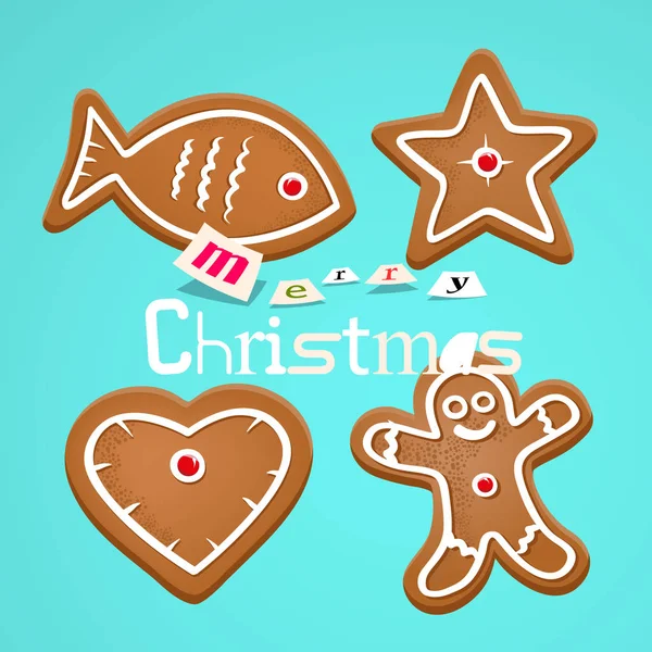 Gingerbread Christmas Symbols Retro Blue Background Merry Xmas Greeting Card — Stock Vector