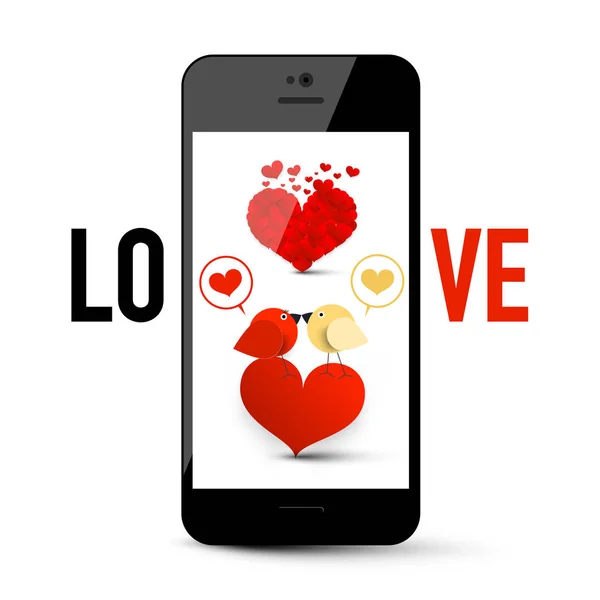 Love Message Symbool Mobiele Telefoon Met Hartjes Zoenen Vogels — Stockvector