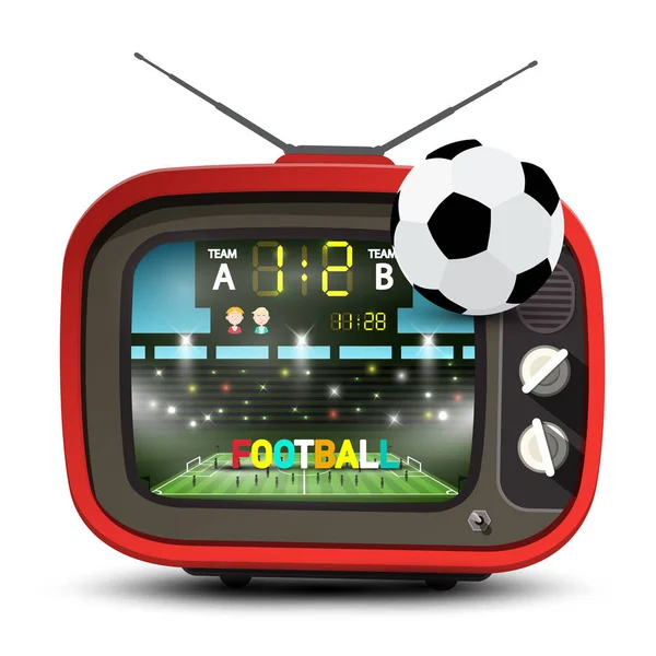 Voetbalteam Stadion Retro Rood Televisie Met Bal Voetbal Match Vectorillustratie — Stockvector