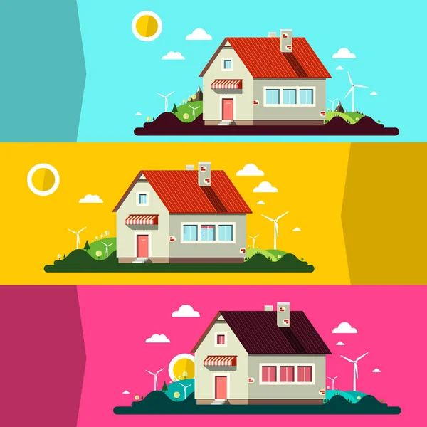 Rumah Landscape Vector Flat Desain Pemandangan Lansekap Day Morning Evening - Stok Vektor