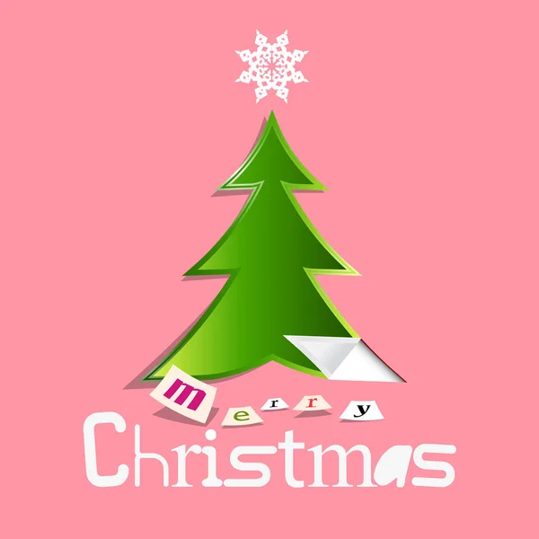 Retro Christmas Greeting Card Paper Cut Tree Pink Background — Stock Vector