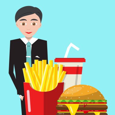 Yemek ve içki ile iş adamı. Vektör iş adamı ile mavi arka plan üzerinde Fast Food.