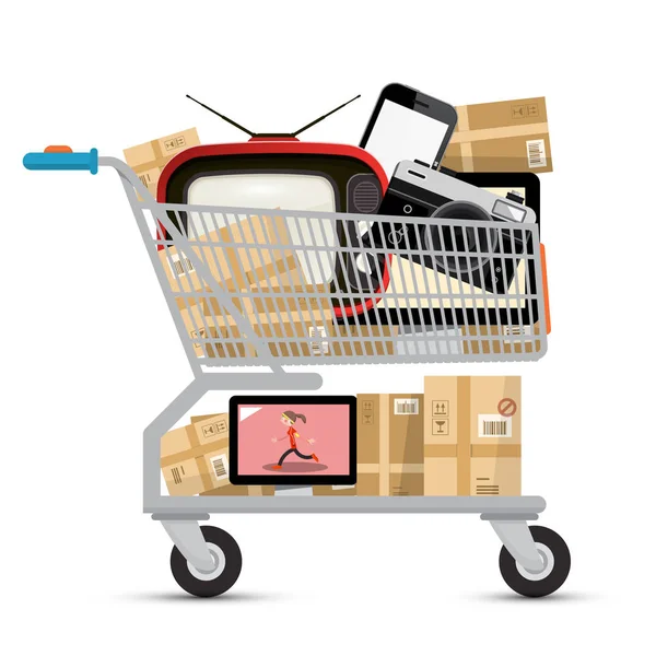 Shopping Cart Electronic Devices Parcels Isolated White Background Vector Black — Stock Vector