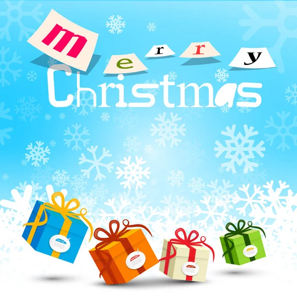 Joyeux Noël Design Avec Flocons Neige Sur Fond Bleu Boîtes — Image vectorielle