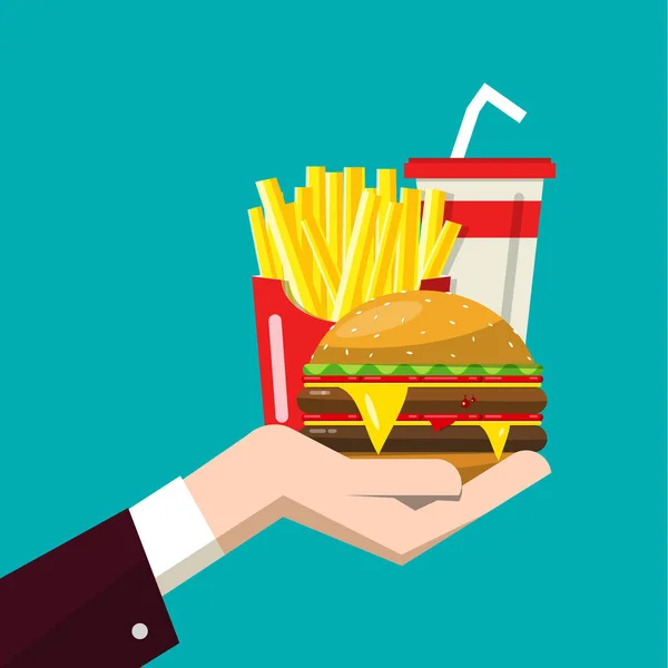 Fast Food Insan Elinde Vektör Düz Tasarım Çizim Hamburger Sandviç — Stok Vektör