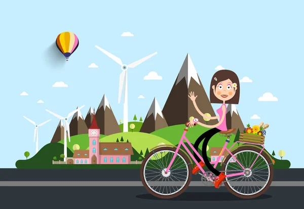 Womam Bicicleta Con Castillo Montañas Fondo Paisaje Vectorial — Vector de stock