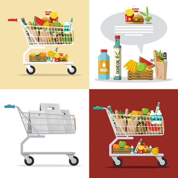 Yiyecek Içecek Alışveriş Sepeti Içinde Vektör Alışveriş Merkezi Ürünler Çizim — Stok Vektör